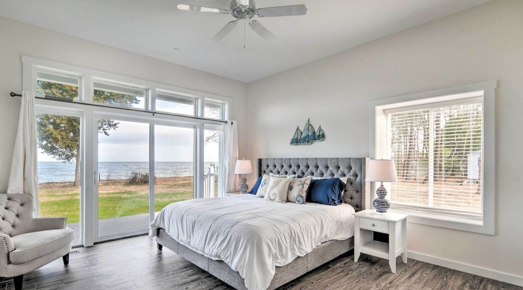 Take a seat in the first-floor master's king-sized bed.