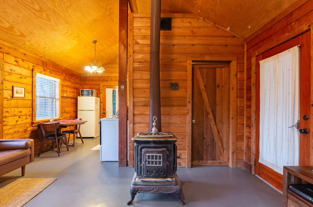 The antique wood burning stove is lovely on a winter night!