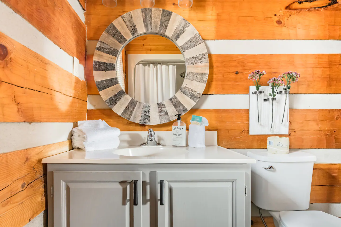 The bathroom has a walk-in shower.