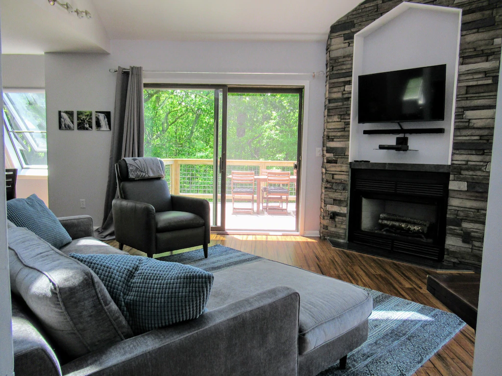 For a movie night, curl up on the plush couch or chair.