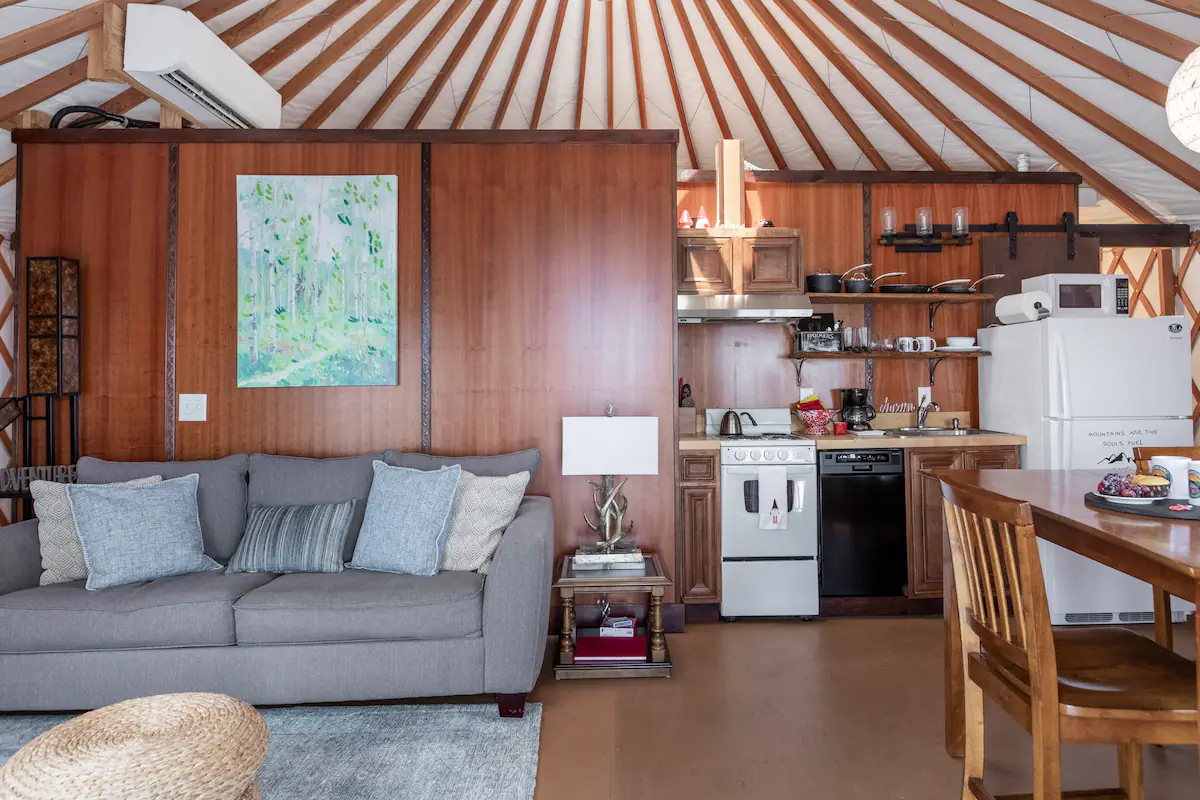 If you choose to eat in, the yurt has its own kitchen with a stove, full-sized refrigerator/freezer with ice maker, dishwasher, microwave, coffee machine, and a dining space.
