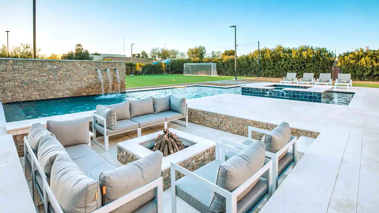 Outdoor seats and a fire pit