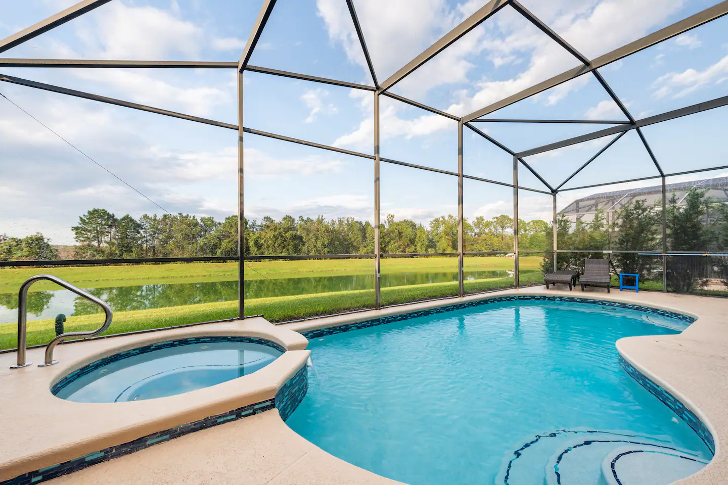 You will have a remodeled private pool and jacuzzi with views of the pond and fireworks.