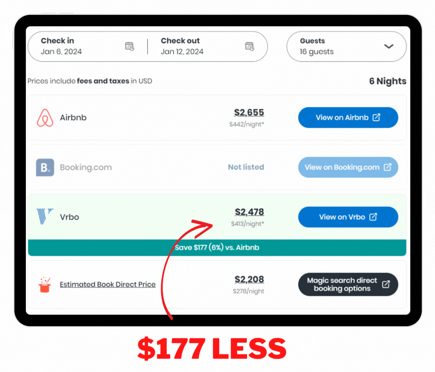 Getting The Best Deal
If I book this property using VRBO, I can save $177 more than on Airbnb!