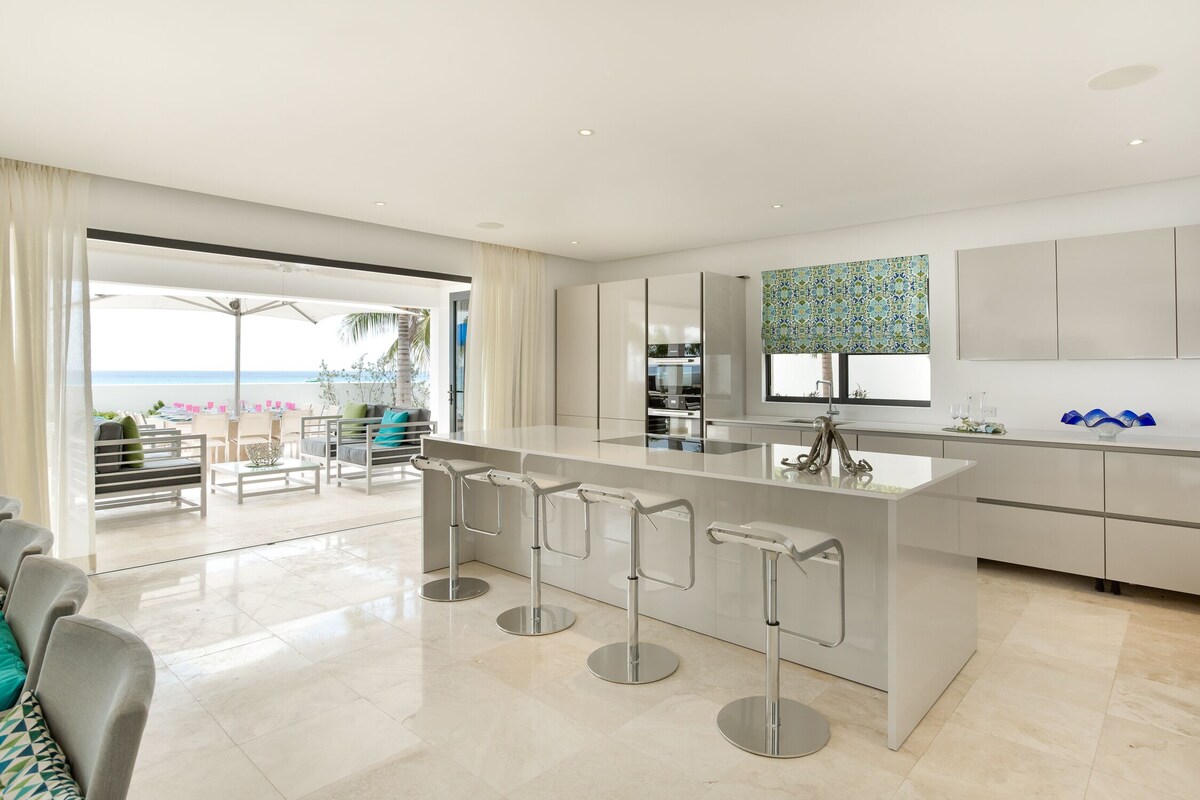 A gourmet kitchen equipped with modern, high-end appliances, sleek countertops, ample storage space, and a large central island, perfect for culinary enthusiasts.
