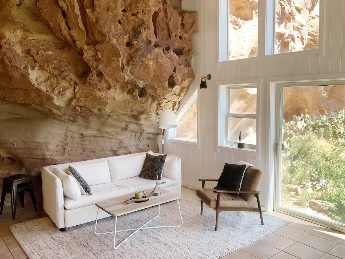 Living room with memory foam pull out couch.