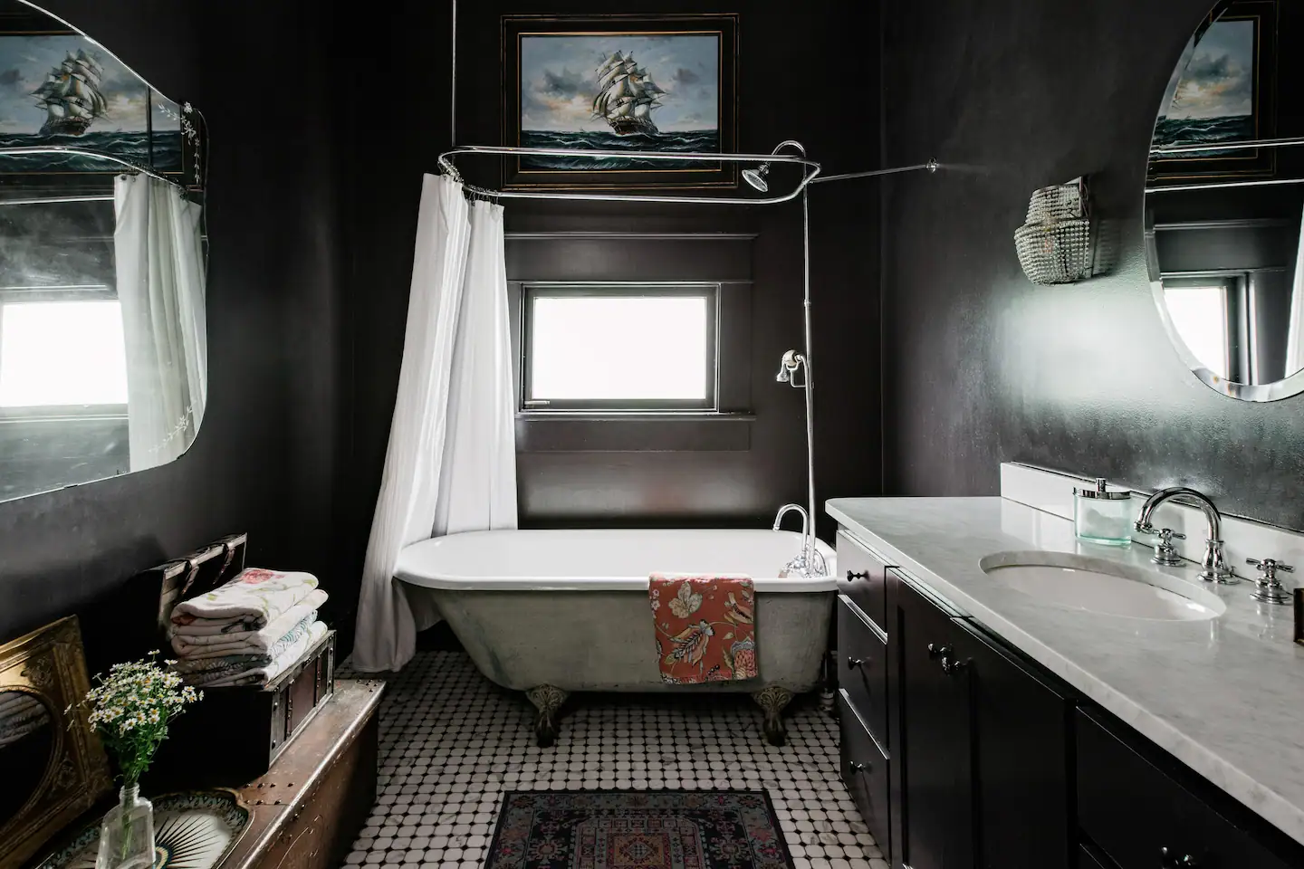 We have 2 full sized bathrooms, one with a tub and shower and one with a shower and bidet.