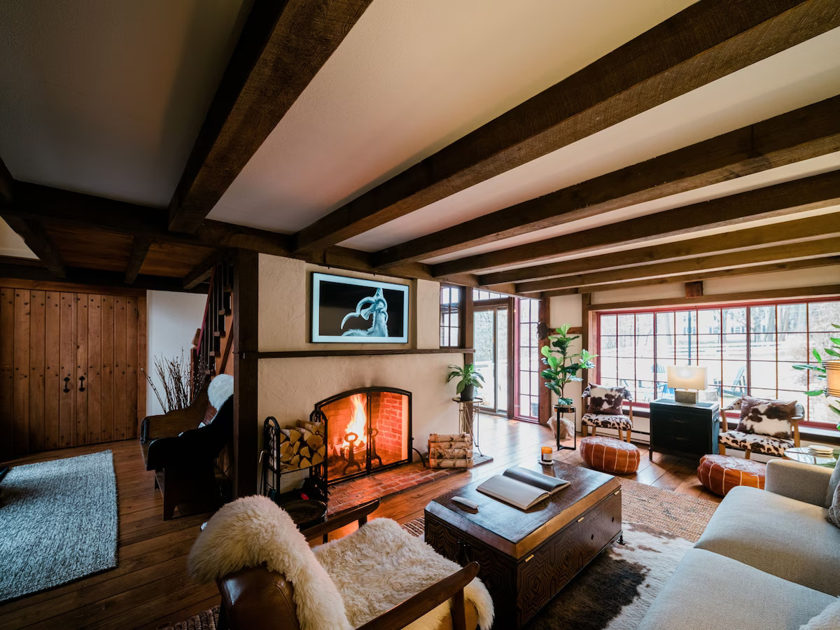 Living room with working wood fire place.