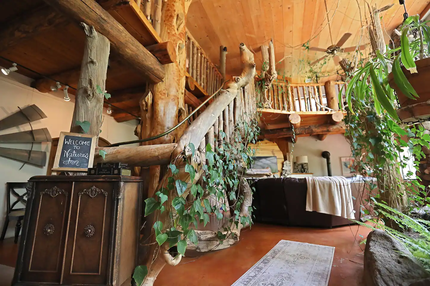 Hand built staircase from logs in the creek