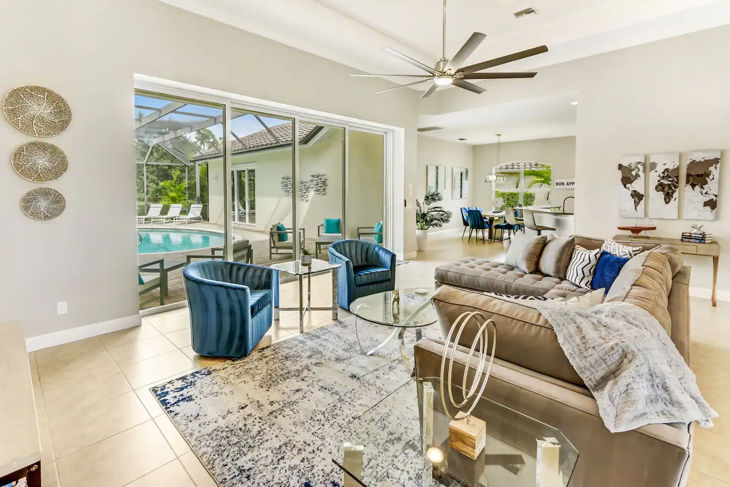 Wide sectional sofa & accent chairs accommodate the entire family