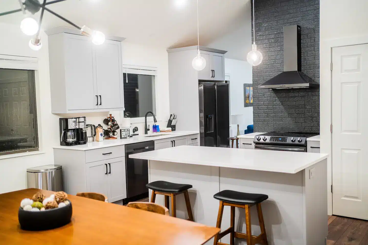 There's a kitchen table with seating for 8 (though it's tight!) as well as a bar in the kitchen so everyone can be social while the chef gets busy.