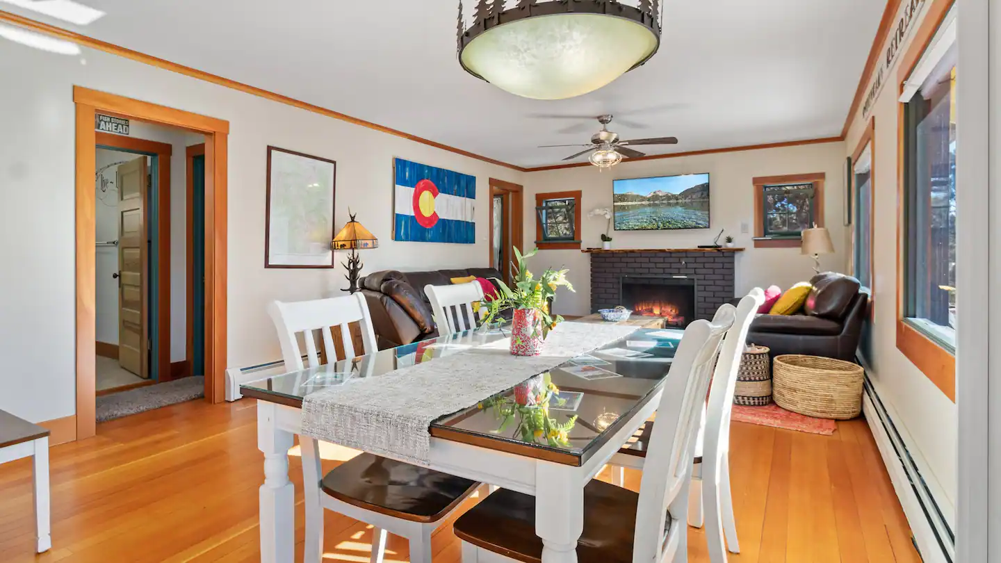 A dining table provides seating for four people.