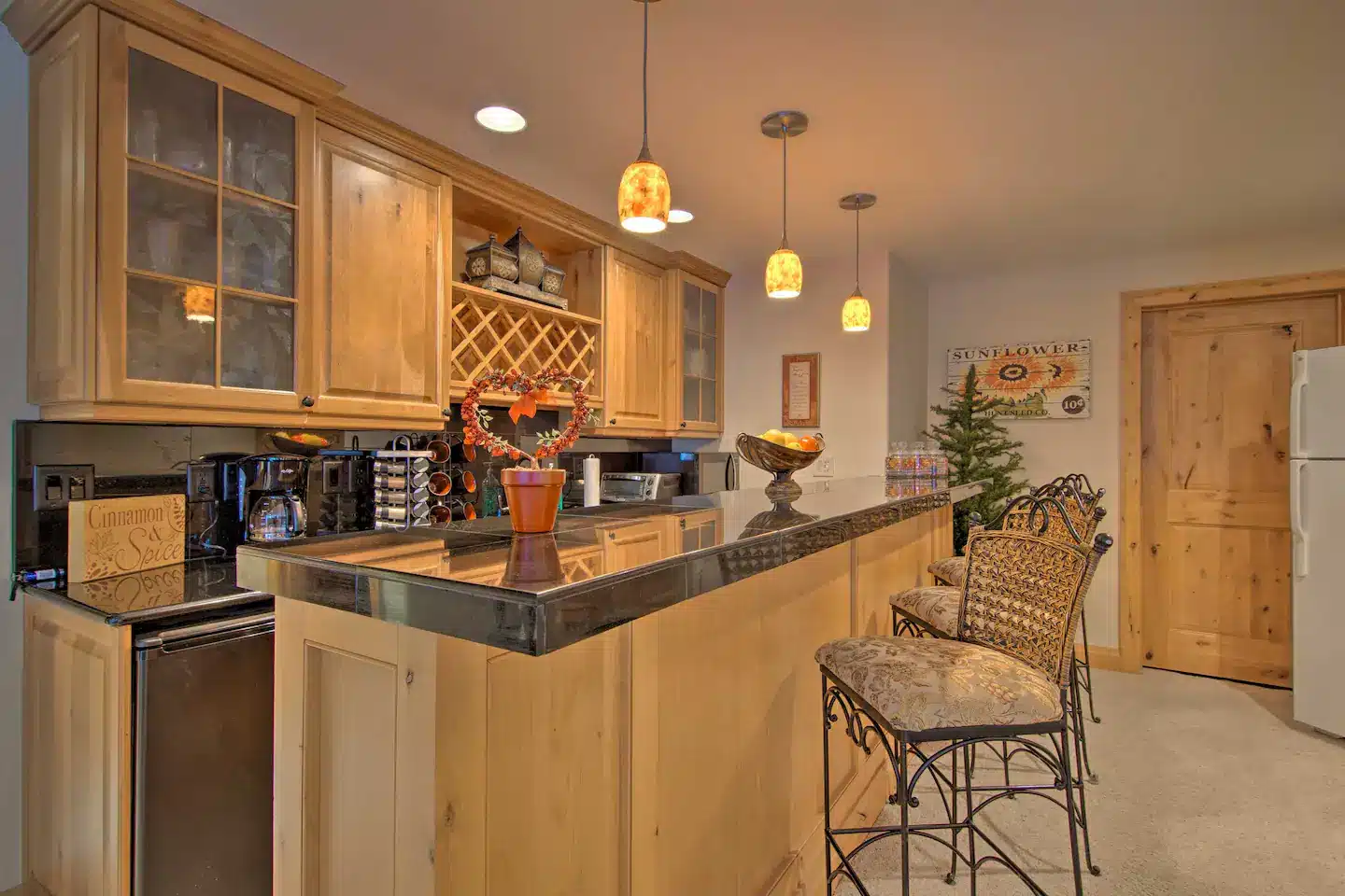Fully equipped, 18' dishwasher, mini-fridge and full-sized refrigerator, toaster oven, microwave, drip coffee maker, can opener, breakfast bar, stove burners.