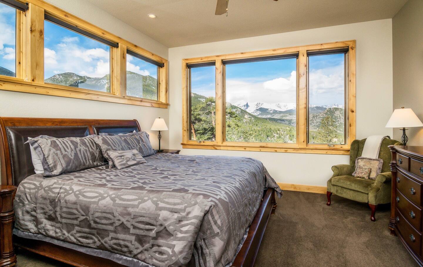 The master bedroom at Serenity is sublime, with it's own stunning views of the Rocky Mountain National Park and Roosevelt National Forest.
